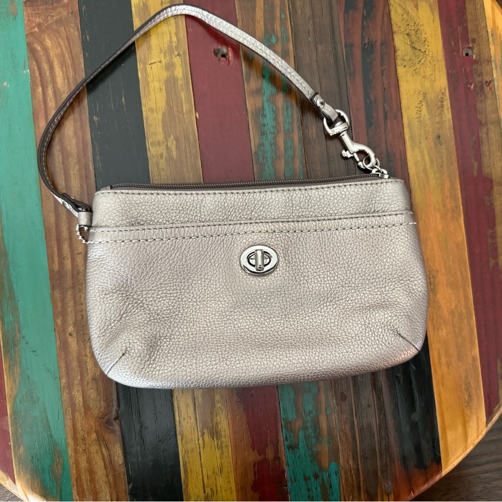 Coach Metallic Silver Pewter Pebbled Leather Wristlet